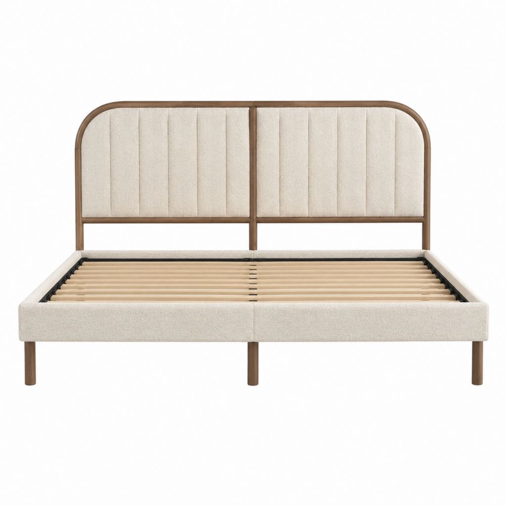 Polsterbett Doppelbett Cremebraun mit Polyesterbezug und Holzrahmen 180 x 200 cm