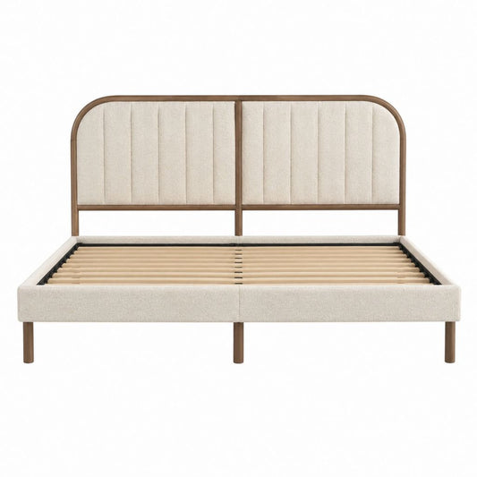 Polsterbett Doppelbett Cremebraun mit Polyesterbezug und Holzrahmen 180 x 200 cm