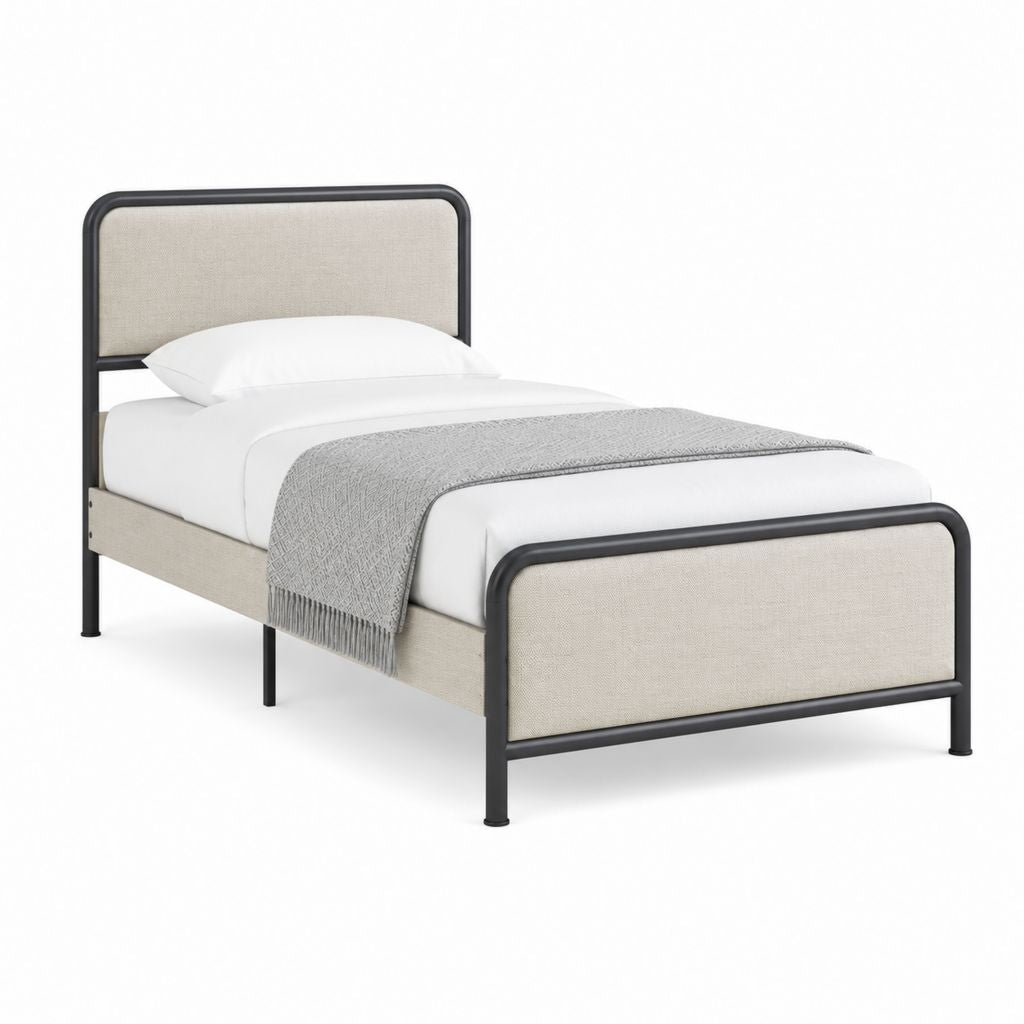 Einzelbettgestell Beige Schwarz mit Polyesterbezug und Stahlrohrrahmen 90 x 200 cm