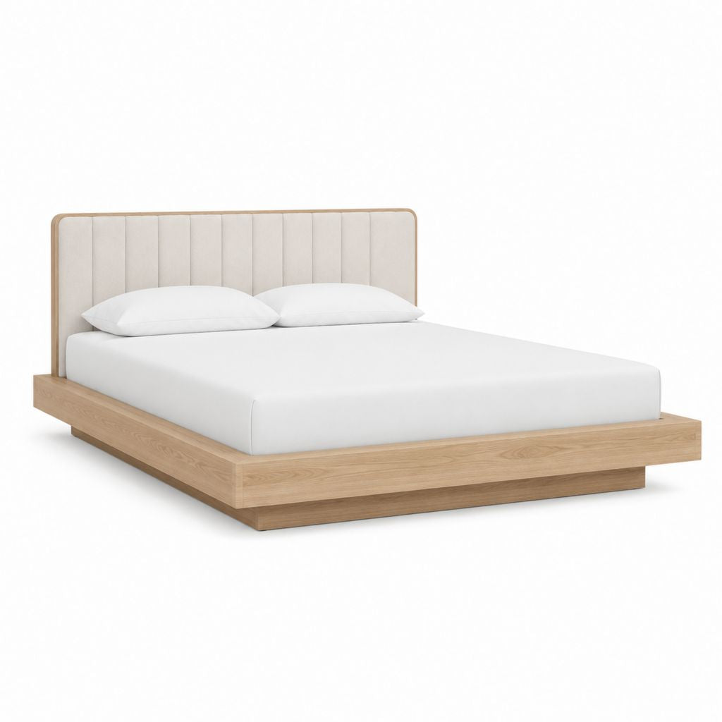 Doppelbettgestell 160 x 200 cm in Naturbeige mit Eichenfurnier und gepolstertem Kopfteil