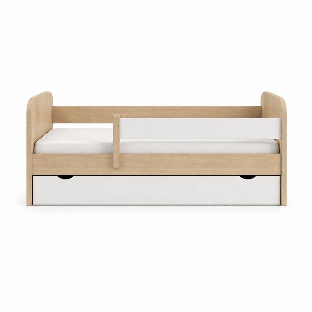 Kinderbett mit Rausfallschutz und Bettkasten Naturweiß aus Kiefernholz und MDF 90 x 200 cm