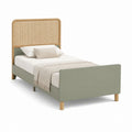 Einzelbett Bettgestell Salbeigrün mit Rattan Kopfteil aus MDF und Massivholz rechteckig 90 x 200 cm