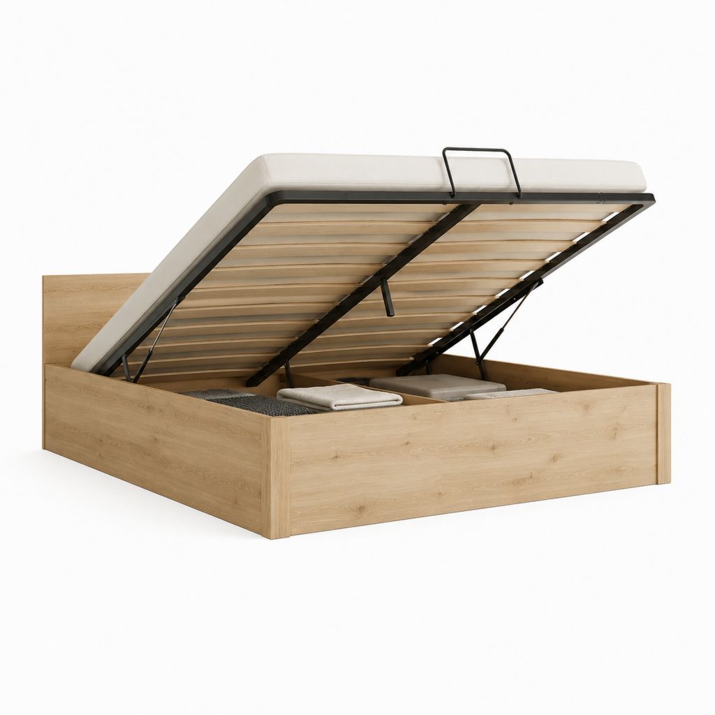Stauraumbett Eiche hell Spanplatte rechteckig mit Gasdruckfeder und Lattenrost 160 x 200 cm