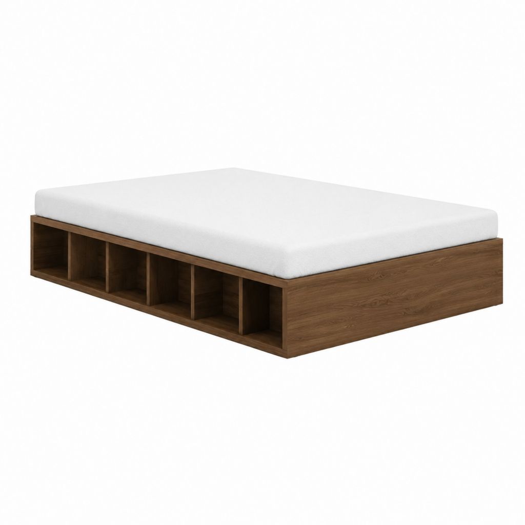 Stauraumbett Bettgestell Nussbaum-Dekor rechteckig mit 6 offenen Fächern 160 x 200 cm