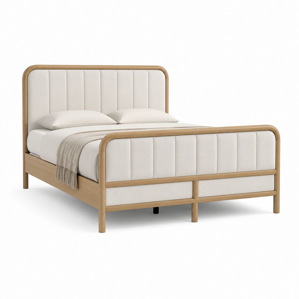 Polsterbettgestell 160 x 200 cm Natur Creme Massivholz Polyester Rechteckig